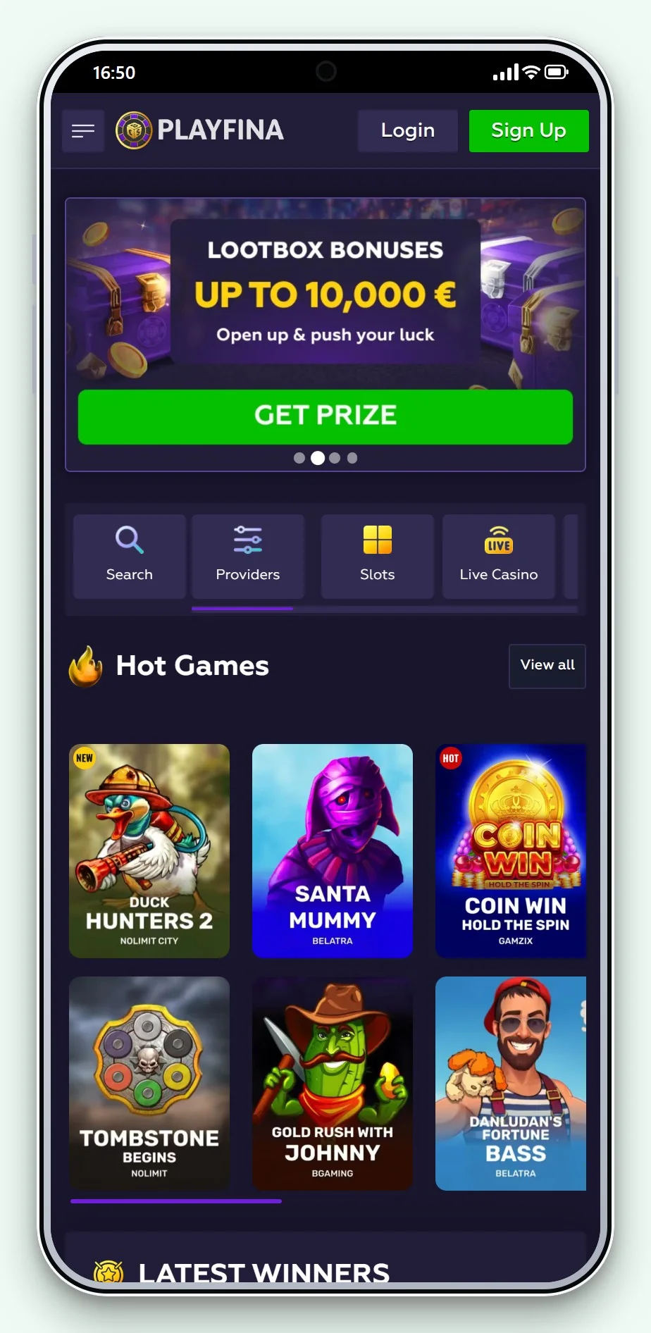 AstroPay casino sites: Playfina Casino on a phone