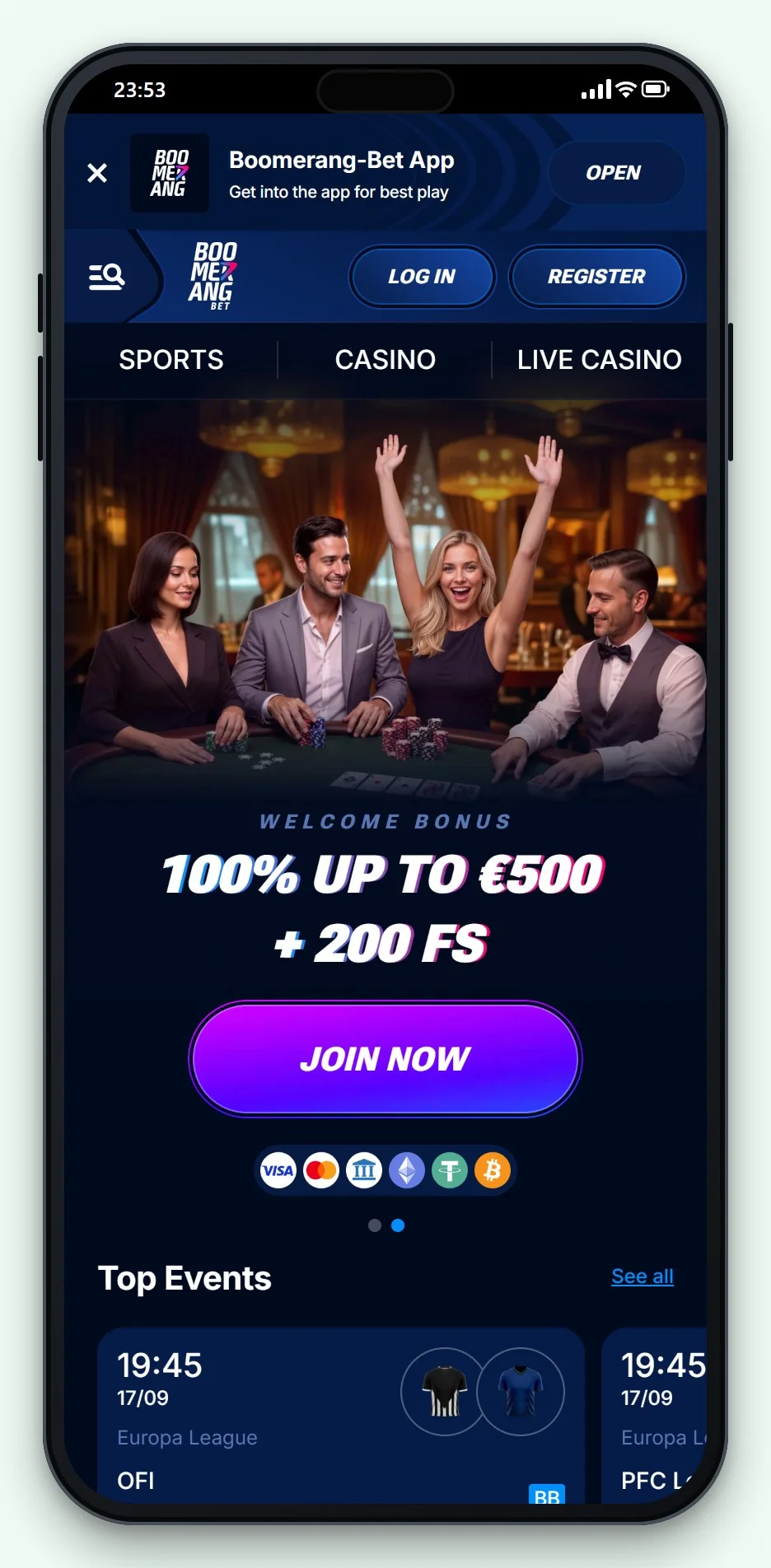 casino AstroPay: Boomerang Bet mobiele site, de lobby