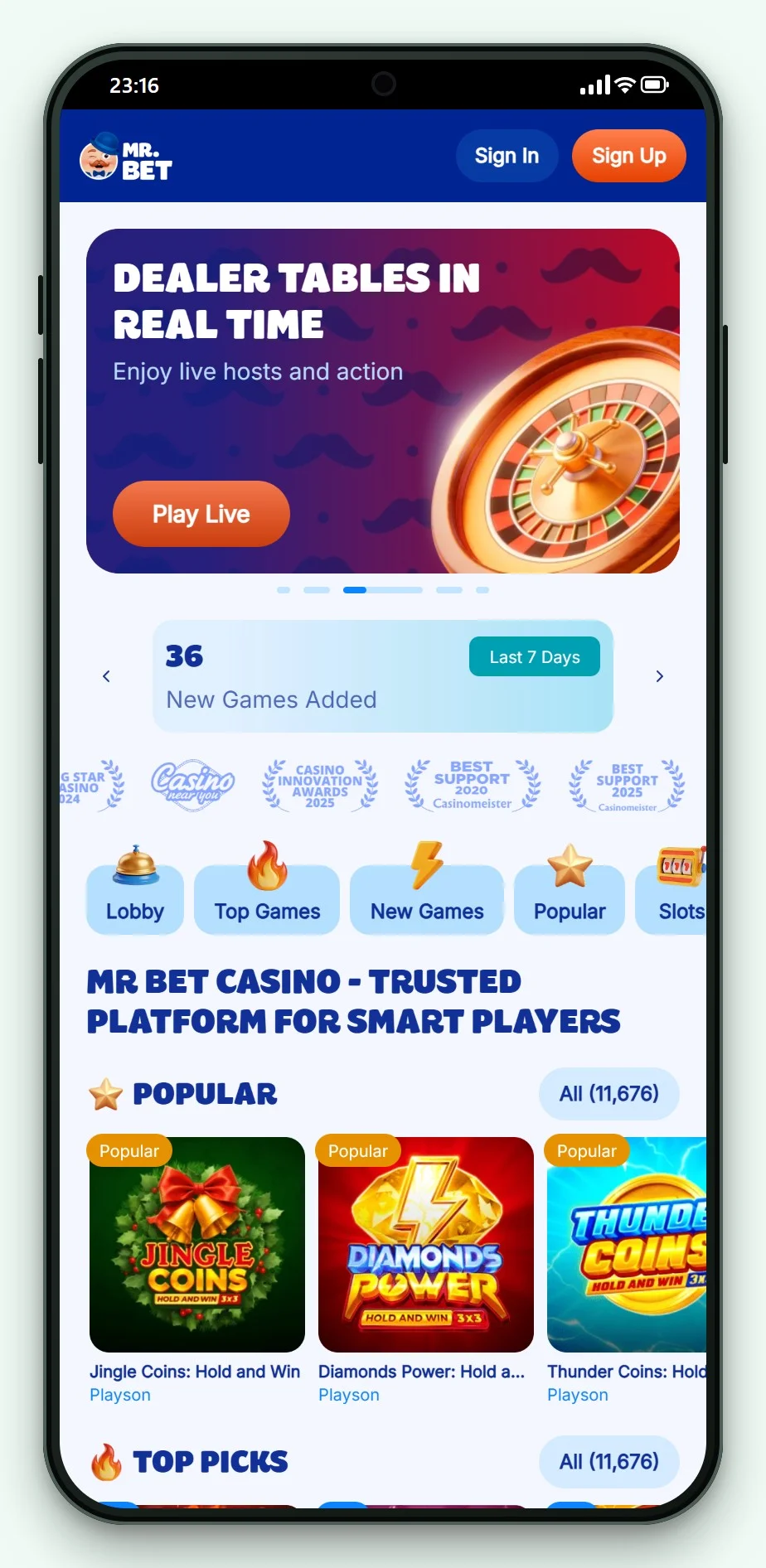 AstroPay online casino: Mr Bet mobilversjon, lobbyen