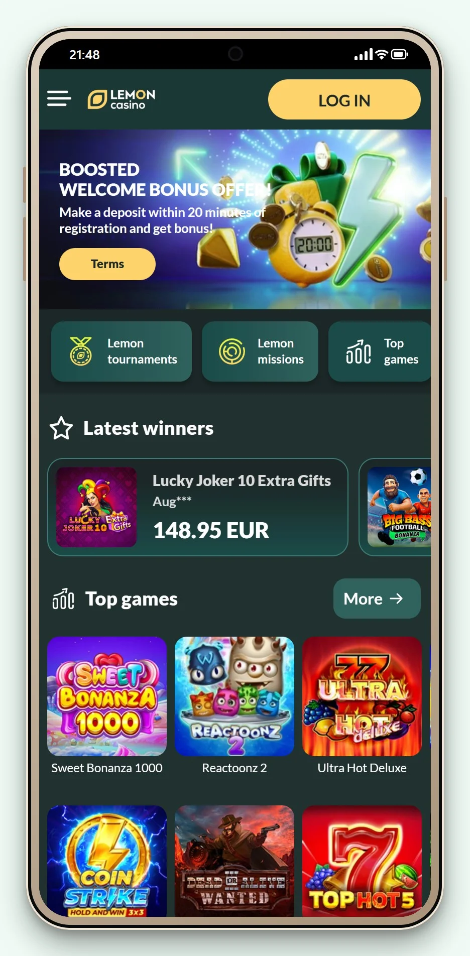 AstroPay casino sites: Lemon Casino on a phone